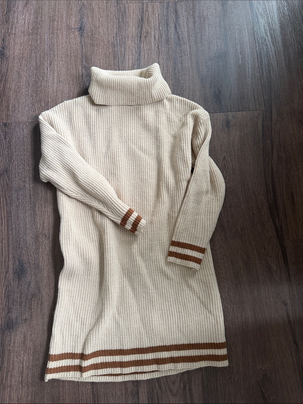 Turtleneck Knit Sweater Dress - Cream with Brown Stripes